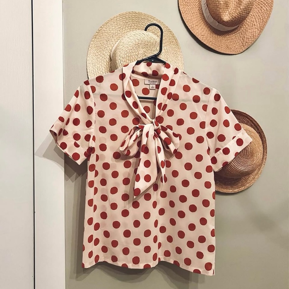 Tucker Cream Polka Dot Bow Tie Blouse with Rust Red Dots